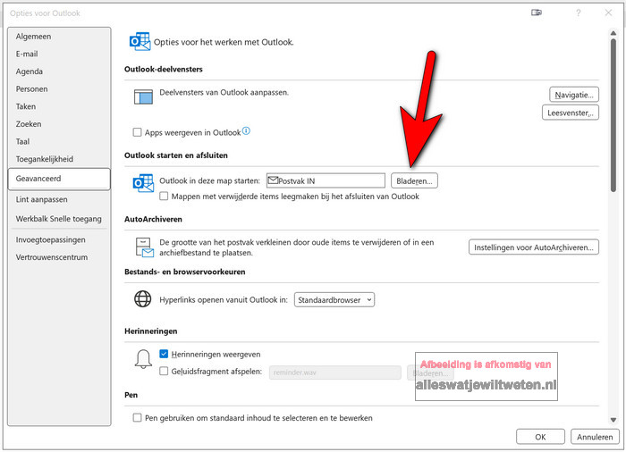 Kiezen in welke map Outlook 2021 begint bij opstarten